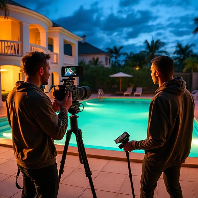 Behind-the-scenes music video production shoot with lighting and camera crew in Los Angeles